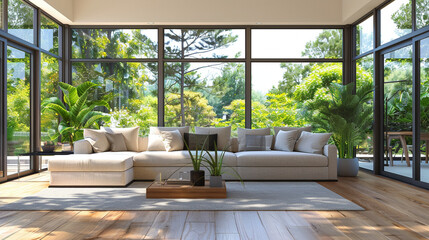 A stylish, comfortable sofa set in a modern interior design scene, with large windows allowing natural light to enhance the space