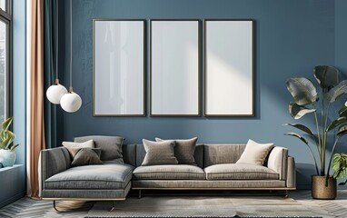 White empty mockup on the living room wall. Living room Scandinavian style in neutral blue tones Modern interior design. Stylish home decor.