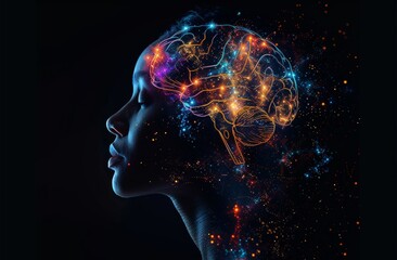 A woman's face is shown with a brain made of colorful lights. Concept of creativity and imagination, as the brain is not a realistic representation of the human brain but rather a colorful