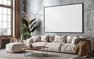 White empty mockup on the living room wall. Modern interior design. Stylish home decor.