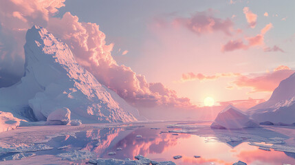 The sun setting behind a glacier, its warm light reflecting off the ice and mingling with soft clouds