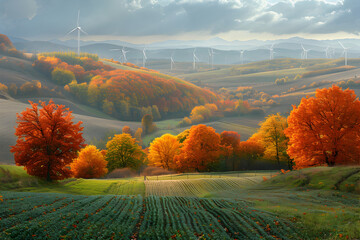 Wind Turbines and Fields Seen from Hundsheimer,
Psychedelic trippy LSD or magic mushrooms hallucinations hippie concept design 3D illustration
