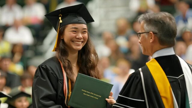 Happy female graduate receiving diploma from dean at commencement