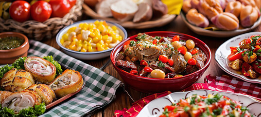 Traditional Brazilian June dishes on the festive table - obrazy, fototapety, plakaty