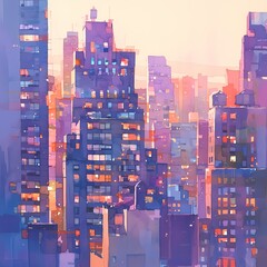 Brightly Lit Skyscrapers in a Financial District at Sunset - Urban Illustration - obrazy, fototapety, plakaty