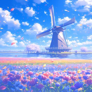 Ethereal Dutch Windmill in Pastel Floral Field under Soft Sky