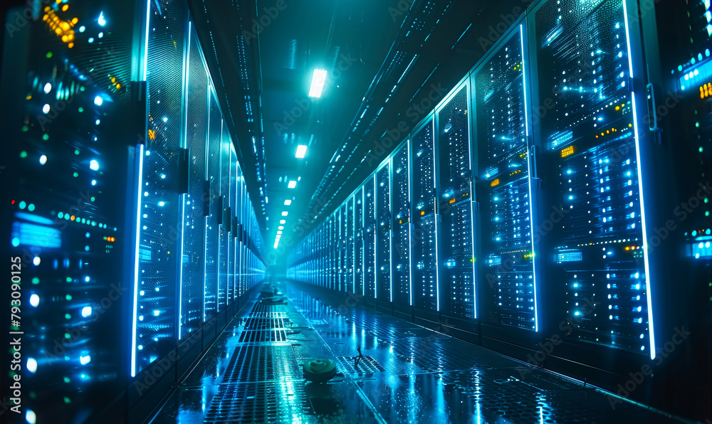 Poster futuristic data center server room with neon lights and data streams visualization