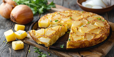 Spanish omelette with potatoes and onions, typical Spanish cuisine. Spanish tortilla - obrazy, fototapety, plakaty