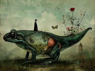 A surreal painting depicting the muscular anatomy of an amphibian as a map of a fantastical land ,