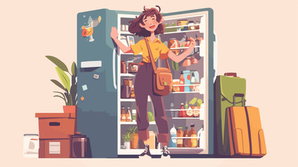 Traveler young pretty woman showing fridge with sou