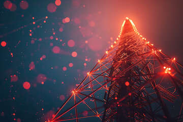 A futuristic wireframe-based visualization with a 5G tower against a glowing translucent background, showcasing advanced telecommunications technology in a digital environment. - obrazy, fototapety, plakaty