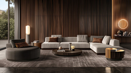 photograph of a modern living room with dark gray and light gray furniture with some wood panels on the wall