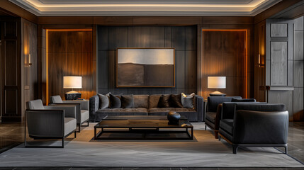photograph of a modern living room with dark gray and light gray furniture with some wood panels on the wall