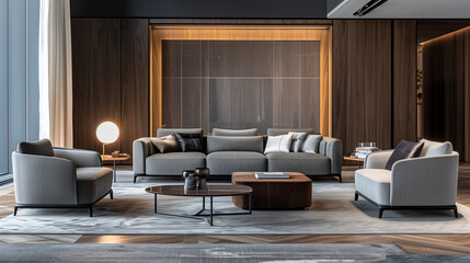 photograph of a modern living room with dark gray and light gray furniture with some wood panels on the wall