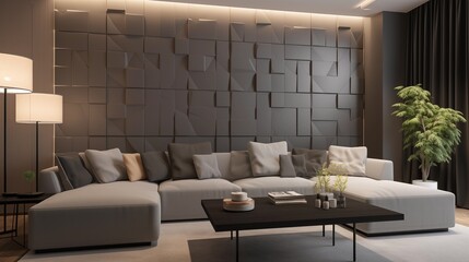 photograph of a modern living room with dark gray and light gray furniture with some wood panels on the wall