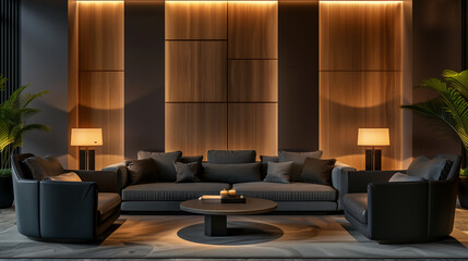 photograph of a modern living room with dark gray and light gray furniture with some wood panels on the wall