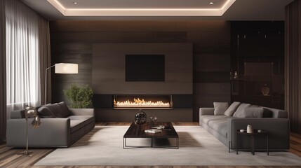 photograph of a modern living room with dark gray and light gray furniture with some wood panels on the wall