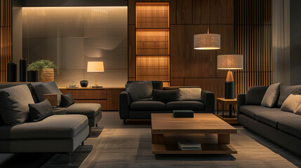 photograph of a modern living room with dark gray and light gray furniture with some wood panels on the wall