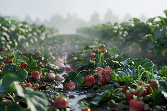 Lush beds of strawberries thriving in a sunlit field, showcasing vibrant red berries and lush green foliage in a picturesque agricultural scene