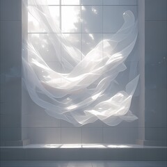 Contemporary Abstract Sculpture Draped with Flowing Silk Fabric in the Light - 200 characters
