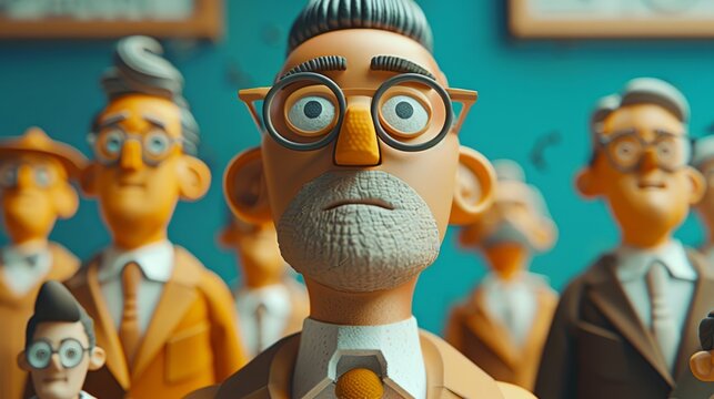 3D render of a claymation character with glasses, mustache and beard