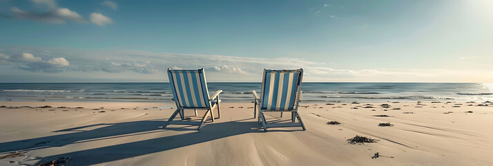 two empty deck chairs set up on a sandy beach in front of the ocean