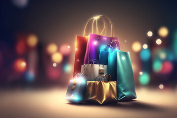 Shopping bags with purchases on stylized bokeh background. Fashion sale concept with shopping bags. - 793091565