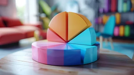 Foto op Plexiglas 3d render of a pie chart made of six different colored slices sitting on a table with a blurry living room in the background © Sodapeaw