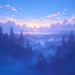 Mist-filled forest at sunrise with breathtaking view and serene atmosphere for nature photography.