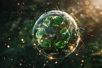 An Earth image with a recycling symbol superimposed, emphasizing environmental conservation and sustainability efforts on a global scale. - obrazy, fototapety, plakaty