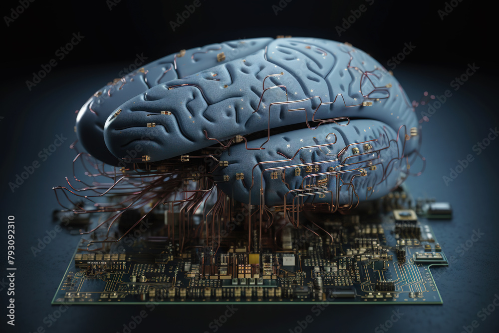 Poster Artificial intelligence science concept with technological AI brain on the circuit board.