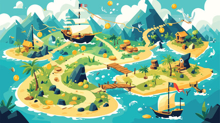 Treasure game map vector illustration. Cartoon trop