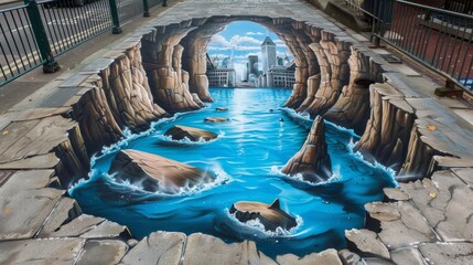 3D street art of a shark swimming in a flooded city