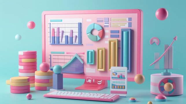 A 3D illustration of a computer with graphs and charts on the screen. The computer is pink and the graphs and charts are in various colors.