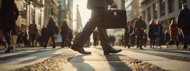 Close-up of legs Businessman or Successful man crossing the street on the crosswalk and holding a laptop bag in the city. Traveling, getting a promotion, finding a new job, increasing skill. - obrazy, fototapety, plakaty