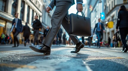 Close-up of legs Businessman or Successful man crossing the street on the crosswalk and holding a laptop bag in the city. Traveling, getting a promotion, finding a new job, increasing skill.
