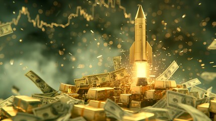 Golden rocket flies up on gold bars and cryptocurrency coins, soars through vast expanse of cyberspace, cryptocurrency, stock market, business investment, money, technology concept.	