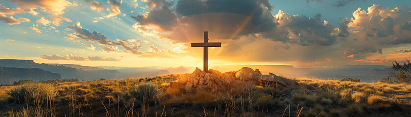 Early morning light breaks around a rugged cross, creating a powerful and dramatic scene of inspiration at sunrise