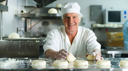 A smiling elderly man cheese maker inspects freshly prepared cheese circles on a stainless steel countertop