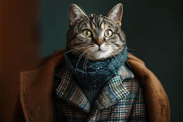 A cute cat dressed in adorable clothes, posing charmingly for the camera in a delightful and whimsical pet fashion scene.