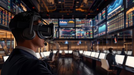 A businessman wearing a VR headset stands in a futuristic trading room, surrounded by large screens displaying stock market data.
