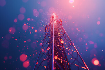 A futuristic wireframe-based visualization with a 5G tower against a glowing translucent background, showcasing advanced telecommunications technology in a digital environment. - obrazy, fototapety, plakaty