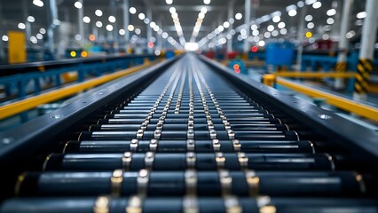 The Role of Conveyor Belts in Factory Operations and Their Impact on Production Growth, Economic Development, and Reshoring. Concept Manufacturing Efficiency, Industrial Automation - obrazy, fototapety, plakaty