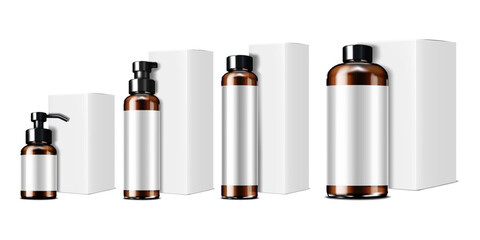 Amber clear cosmetic bottle with white blank label and carton. Realistic mock-up set. Beauty product container with paper box packaging. Vector mockup kit. Template for design