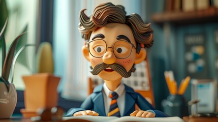 A claymation character of a man wearing a suit and tie is sitting at a desk, looking at the camera with a surprised expression on his face.