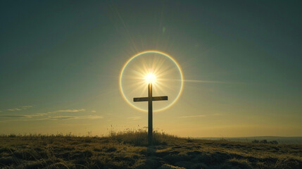 The sun rising directly behind a cross, creating a dazzling halo effect that inspires awe and spiritual reflection - obrazy, fototapety, plakaty