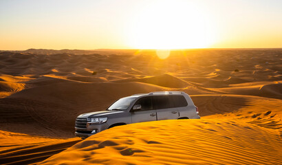 Dubai desert safari in sunset light. Off road safari in sand desert, Empty Quarter Desert in United Arab Emirates. Offroader on dunes in Rub’ al Khali desert.