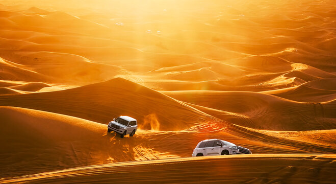 Dubai desert safari in sunset light. Off road safari in sand desert, Empty Quarter Desert in United Arab Emirates. Offroaders on dunes in Rub&rsquo; al Khali desert.