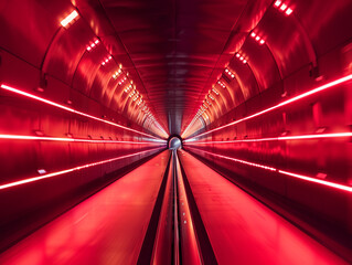 Red lights line a futuristic tunnel, casting a glow that reflects off the surfaces as something unseen whizzes by at breakneck speed - obrazy, fototapety, plakaty