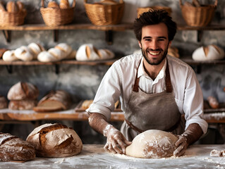 A smiling man baker skillfully sculpts the dough - obrazy, fototapety, plakaty